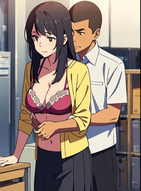 shinkai makoto, kimi no na wa., 1boy, buzzcut,office suit, boy caressing girls body, kiss cheeks, passionate hug, boy is hugging from behind, breast groping from behind, 1girl, bangs, black hair, brown eyes, Twisted Half Up, red ribbon, long hair, yellow b...