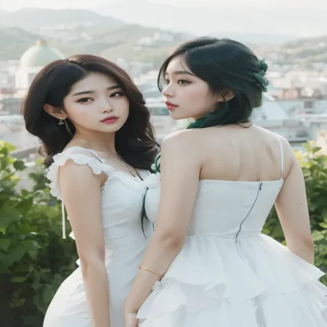 two young women in white dresses standing next to each other, beautiful gemini portrait, beautiful gemini, ulzzang, with ivy, jinyoung shin, with same hairstyle, white hime cut hairstyle, jaeyeon nam, nixeu and sakimichan, sea - green and white clothes, tw...