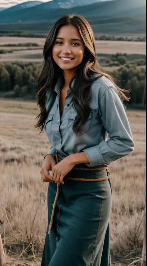 Foto hiperrealista en primer plano de Kelsey Asbille (native American ((light dark skin))), masterpiece, best quality, (photorealistic:1.4), full body,  (blue buttoned flannel shirt:1.1) and (green cotton maxi maxi skirt:1.1), (boots:1.2), on the ranch, gr...