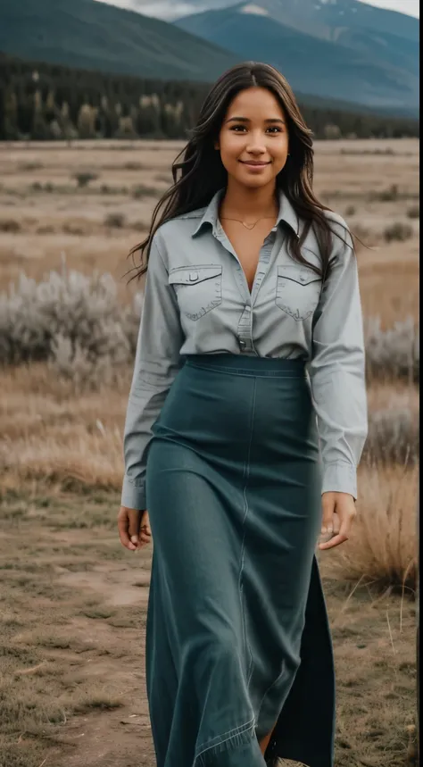 Foto hiperrealista en primer plano de Kelsey Asbille (native American ((light dark skin))), masterpiece, best quality, (photorealistic:1.4), full body,  (blue buttoned flannel shirt:1.1) and (green cotton maxi maxi skirt:1.1), (boots:1.2), on the ranch, gr...