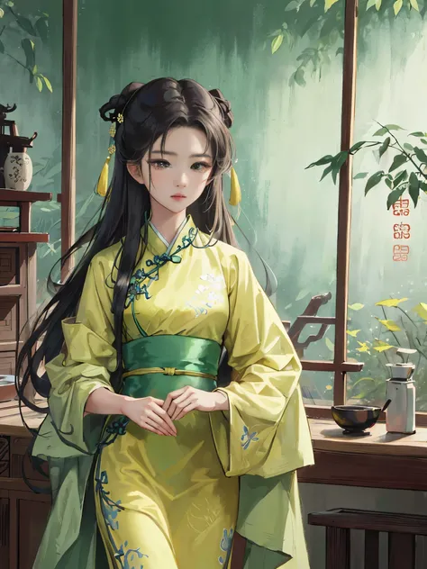 woodblock prints in ink. In the early Showa period, liuyifei 1girl wear (yellow Chinese traditional clothes:1.4) in the old kitchen, bamboo garden background. BREAK dynamic angle view shot.
