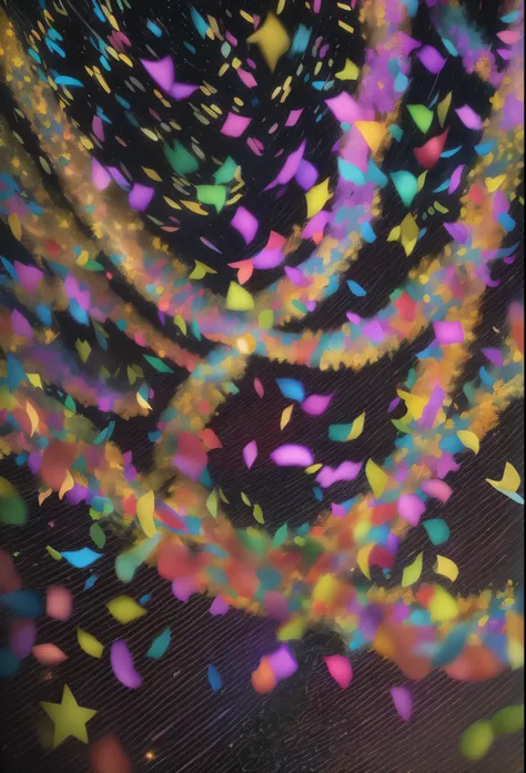 vibrant multicolored confetti, fluttering through the air, night sky backdrop, a dance of festivity and color, swirling paper fragments catching the light of the stars, a celebration under the celestial expanse, festive atmosphere, confetti like a rainbow ...