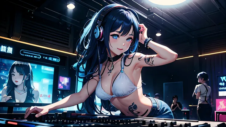 Upper body body, face close up、perspiring、Lemon in one hand、Tattoo on the Japan、a smile、Longhaire、Young girl DJ with dark blue hair , blue eyes、medium breast, nipple bumps, White clothing、whimsy、Lively exterior、Playful accessories、music mixing、Imaginative、...