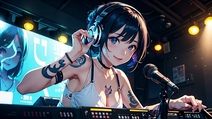 Upper body body, face close up、perspiring、Lemon in one hand、Tattoo on the Japan、a smile、Longhaire、Young girl DJ with dark blue hair , blue eyes、medium breast, nipple bumps, White clothing、whimsy、Lively exterior、Playful accessories、music mixing、Imaginative、...