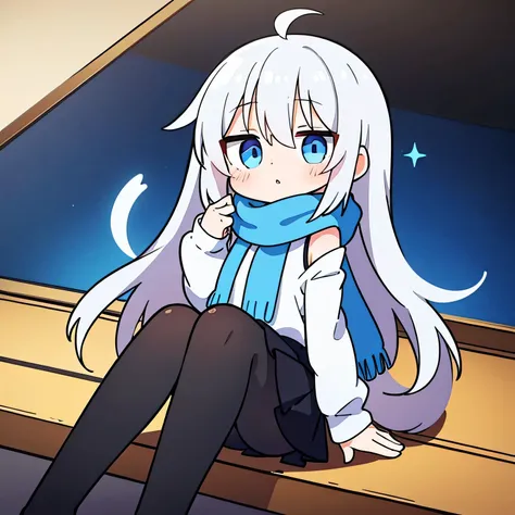 one girl、a bit、cute、mini、icon、gray hair、length、blue eyes、white sweater、masterpiece、best image quality、highest quality、black skir...