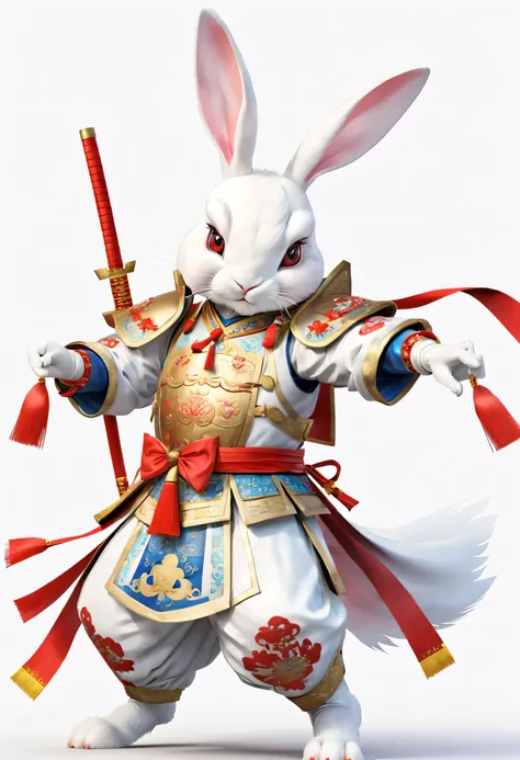 traditional chinese image of auspicious rabbit，white armor ，there are ribbons floating on the body，front angle，peking opera cost...