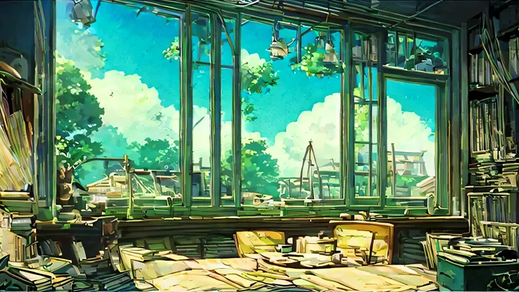 room with lots of books、cafe、library、ghibli style、studio ghibli、anime scenery、anime background、studio ghibliアニメスタイル