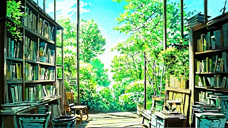 a room with lots of books、cafe、library、ghibli style、studio ghibli、anime scenery、anime background、studio ghibliアニメスタイル