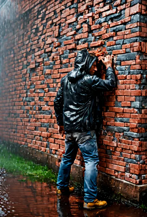 man walled up in a brick wall, shower, back brick, 8k, f2.8, raw photo, ultra detailed,