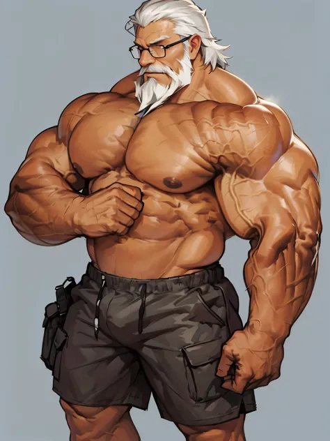 solo, 1boy, Huge Muscular Old man wearing glasses , pectoral, huge pectoral, wide pectoral, short white hair, (short pants and shirtless, nude, topless), bearded, mustache, simple background, masterpiece, high detailed, 8k, high resolution