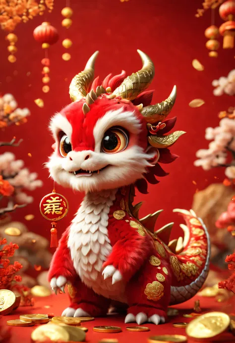 poster design：chinese new year is here，cute little chinese dragon is so happy，hairy，（there are many gold coins in the air），red b...