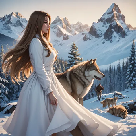 Digital art of a blonde girl with white dress, a charming brown haired guy, giant brown wolf in the morning winter, mountain, high definition