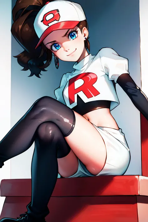 pokemonhilda, blue eyes, brown hair, long hair, ponytail, baseball cap, earrings, glossy lips ,team rocket uniform, red letter R, white skirt,white crop top,black thigh-high boots, black elbow gloves, evil smile, sitting down ,legs crossed, night sky backg...