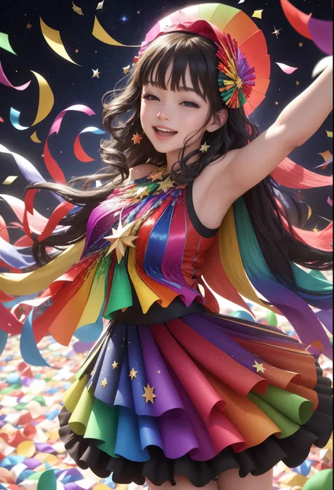 vibrant multicolored confetti, fluttering through the air, night sky backdrop, a dance of festivity and color, swirling paper fragments catching the light of the stars, a celebration under the celestial expanse, festive atmosphere, confetti like a rainbow ...