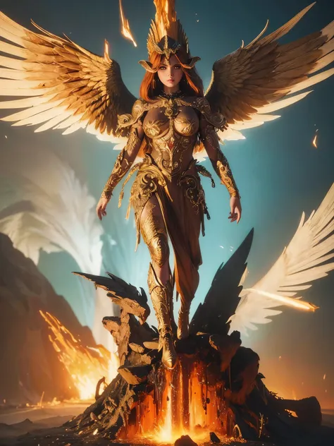 make a picture with 3D cartoon effect, detailed face, a figure with large wings that looks like an angel or mythological creature, standing atop an erupting volcano. This image has a bright, dramatic feel, with a hideous face dominating the focus. fantasy,...