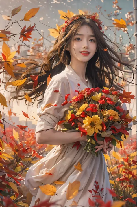 create fun images, A 28-year-old brunette woman with messy hair standing in a flower field. The background is a meadow of autumn leaves based on red...。. The woman will be smiling while holding a very large bouquet of autumn leaves...., She wears a white d...