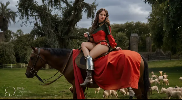 award-winning photo of a british female, lady godiva, 25yo, full body, beautiful face, long brown hair, green eyes, delicate face, skinny , soft and natural skin, (ultra detailed face:1.2), red fabric, cinematic lighting,(__medieval-outfits__:1.3), (__medi...