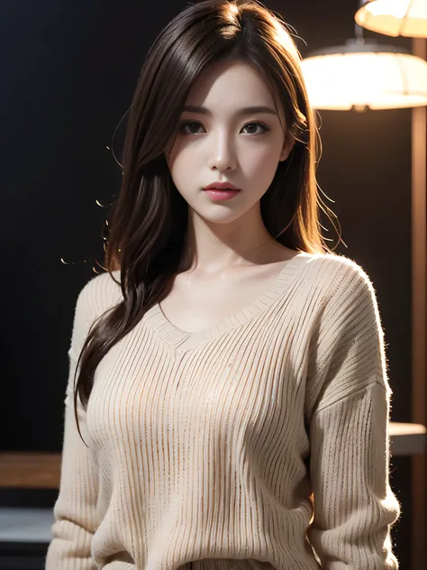 (very detailed CG Unity 8K 배경화면,table top, best quality, very detailed), I am a 26-year-old woman living in Japan.., sexy 26 year old woman, Emphasizing your chest:1.2, (small size knitwear), cinematic lighting, upper part of the body, SFW