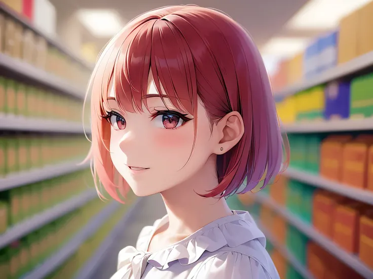 upper body, Diagonal angle, Realistic, real person, RAW photo, photorealistic, portrait photography, shiny skin, japanese idol, 25 year old woman with red hair and bob cut and red eyes、 (wearing a white blouse:1.5)、smile、blush, Supermarket background、Alone...