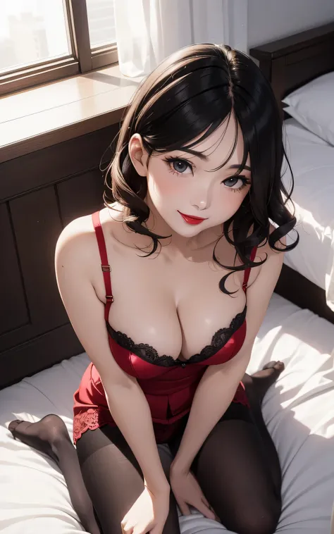 (45year old，Red lips、 wavy hair、short hair、full body、1 woman:1.3、solo)、 absurderes、Flat Lighting、realisticlying、ultra-detailliert、bright colour、beautiful detailed eyes、perfect eyes、detailed hair、(black hair、jet black eyes)、Delicate beautiful face，A sexy，Be...