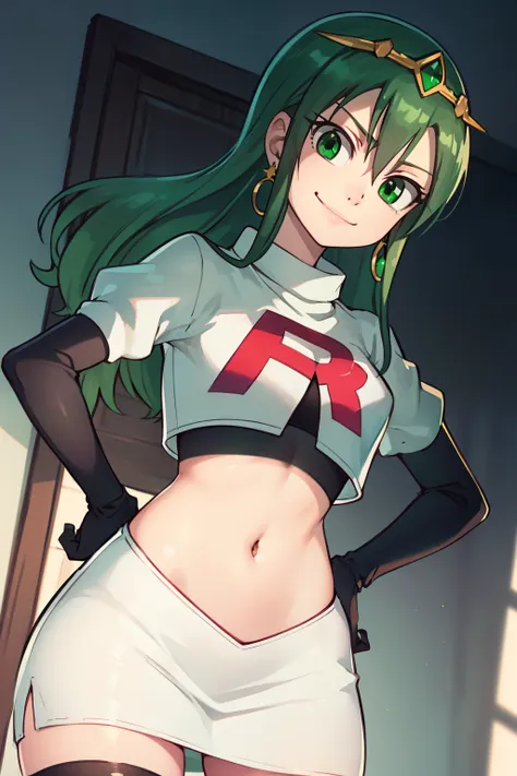 hisui, hisui, long hair, (green eyes:1.5), green hair, hair between eyes,earrings, tiara ,glossy lips ,team rocket uniform, red letter R, white skirt,white crop top,black thigh-high boots, black elbow gloves, evil smile, hands on hips