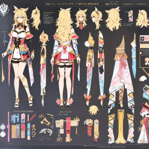 anime - style image of a character with a variety of hair and accessories, anime set style, anime character reference sheet, fantasy uniform, flat anime style, anime full body illustration, full_body!!, complete detailed body, extra detailed body, anime vt...