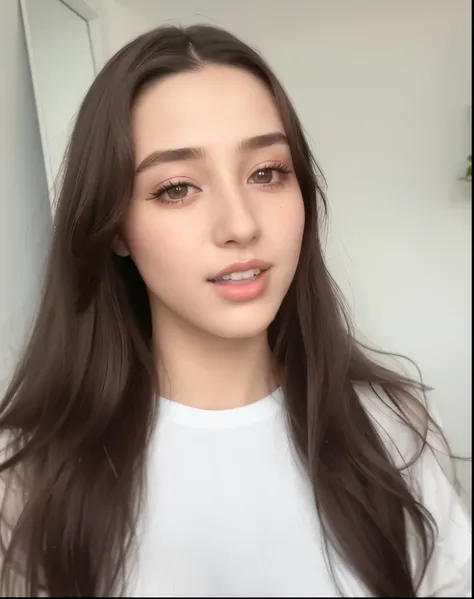 Close-up of a woman with long hair and white shirt, Kelly Mandel, Dilireba, Bella Porchi, Charlie Bowwater, flawless face, portrait of sophie mudd, tiktok video, 18 years old, luminescent, very High-quality faces, High-quality faces, soft flawless pale ski...