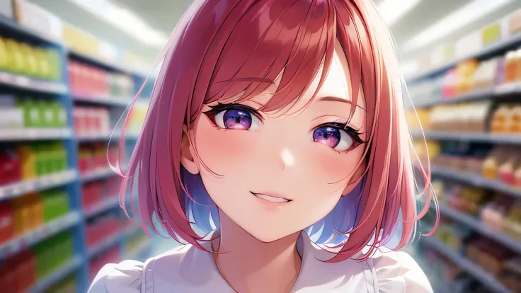 upper body, Diagonal angle, Realistic, real person, RAW photo, photorealistic, portrait photography, shiny skin, japanese idol, 25 year old woman with red hair and bob cut and red eyes、 (wearing a white blouse:1.5)、smile、blush, Supermarket background、Alone...