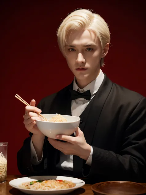 Draco Malfoy eats expensive instant noodles，Chopsticks，Large plate of meat，grace，Exquisite，meticulous portrait