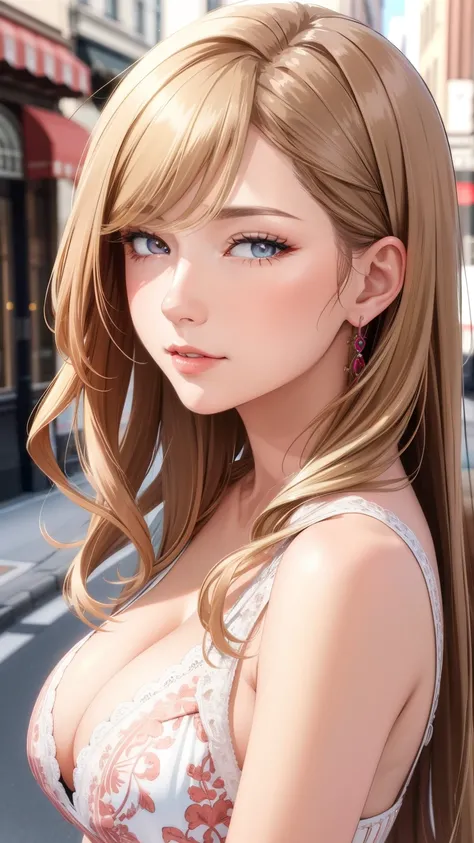 (best quality, highres, ultra-detailed eyes, close-up portrait), cool adult woman, older sister type, elegant, confident, long hair, swept-side bang, [[[brown hair]]], blonde hair, brown eyes, blush, street scene, walking, stylish clothes, cleavage, ultra-...