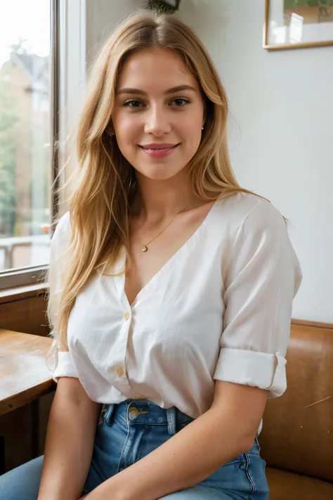 photorealistic, best quality, hyper detailed, natural amateur photo, beautiful slim young woman, natural subtle makeup, natural very light blond hair, upper body, wearing a soft pink silk button blouse and blue denim jeans, fully dressed, sweet closed lipp...