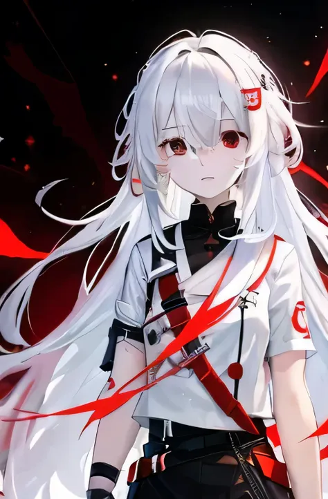 anime girl，long white hair，Red and black clothes, gapmoe Sick, gapmoe Sick grimdark, white hair deity, White-haired, Sick, night nucleus, Fleet collection style, portrait gapmoe Sick grimdark, white hair, girls frontline style, white red, white hair的女孩, 年轻...