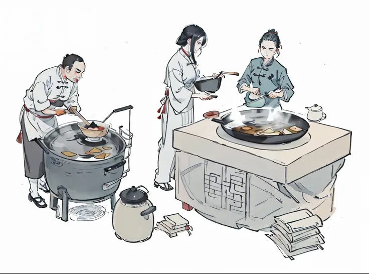 Cartoon of a woman and two men cooking in a pot, Traditional style, Full page illustration, traditional Chinese ink painting, business illustration, author：Yang Borun, traditional Chinese, inspired by《Qiu Wen Tianjiang》, Traditional Arts, Chinese brush ill...