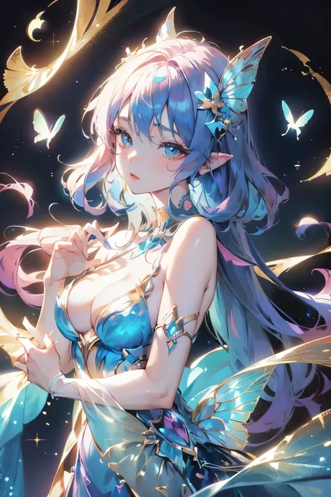 Anime girl in butterfly headdress and blue dress, fantasy art style, ((beautiful fantasy queen)), 8k high quality detailed art, Beautiful anime portrait, Beautiful fantasy anime, Beautiful anime style, Anime Fantasy Illustration, Beautiful and cute with pl...