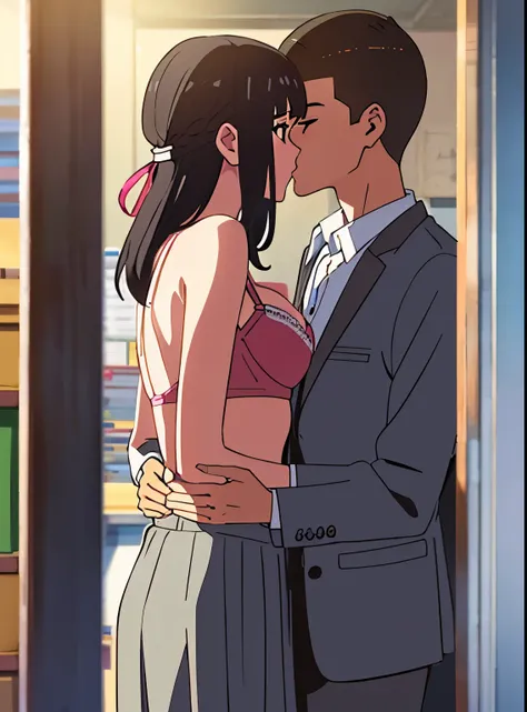 shinkai makoto, kimi no na wa., 1boy, buzzcut,office suit, boy caressing girls body, kiss cheeks, passionate hug, boy is hugging from behind, breast groping from behind, 1girl, bangs, black hair, brown eyes, Twisted Half Up, red ribbon, long hair, yellow b...