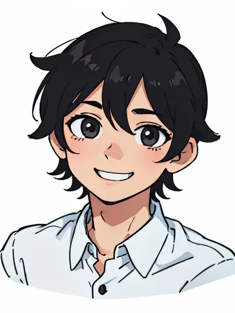 perfect anime Illustration, portrait of a boy having short and messy black hair, smiling slightly, cute