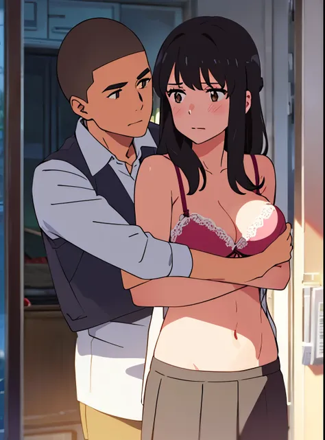 shinkai makoto, kimi no na wa., 1boy, buzzcut,office suit, boy caressing girls body, kiss cheeks, passionate hug, boy is hugging from behind, breast groping from behind, 1girl, bangs, black hair, brown eyes, Twisted Half Up, red ribbon, long hair, yellow b...