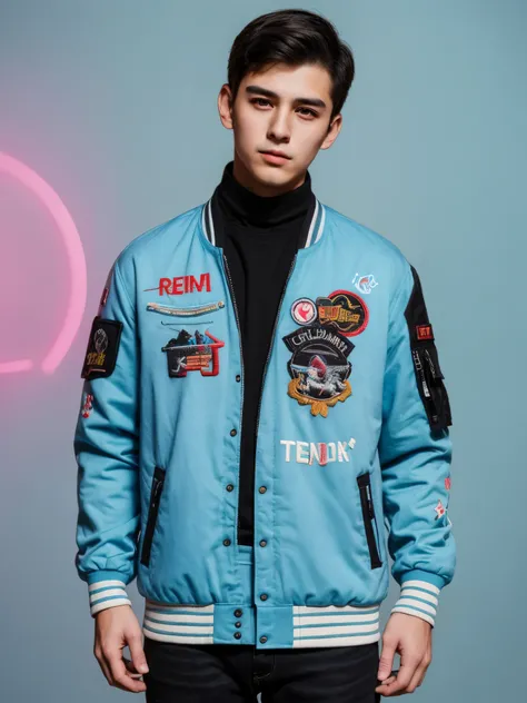 Random style photo Realistic Cinematic 8K Masterpiece, A handsome young man looking camera upper body wearing a full patch embroidered words & black colors jacket is looking at the bright future, bring a skateboard, background night pastel colors vibes.