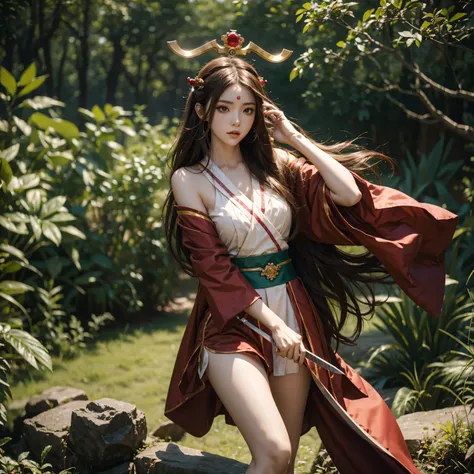 Create an anime character girl, wearing crimson hanfu with equisite headpiece and jade green jewels holding a sword in one hand looking brave, long brown hair, toned legs and arms in 8k 