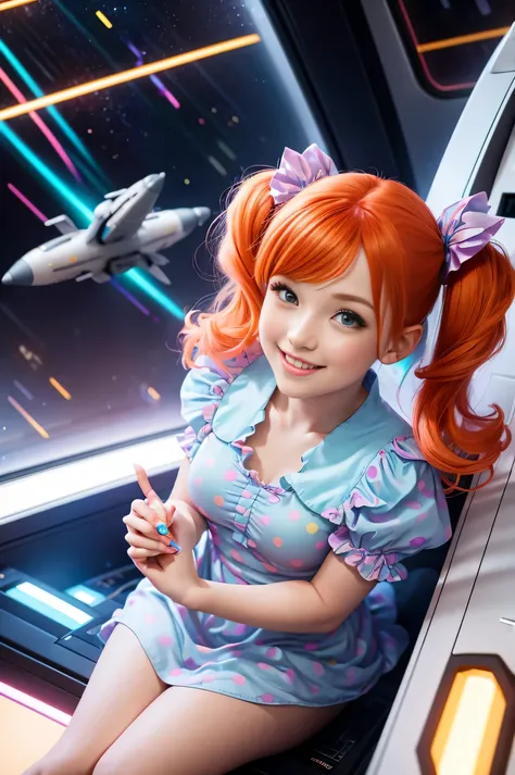 (overhead view) Cute redhead with rainbow colored hair tips, ribbons in her hair, 18-year-old woman, happy, smiling, in twin tails, perfect eyes, clear sparkling blue eyes, pale skin, silky smooth skin, flying a fancy metal luxurious space ship, futuristic...