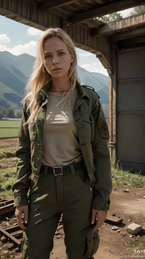 Foto hiperrealista en primer plano de 20 years old Maria Bello,, masterpiece, best quality, (photorealistic:1.4), full body, green oversize army jacket, green oversize uniform blouse, green tactical pants,  Depict a rural landscape in the rugged style of t...