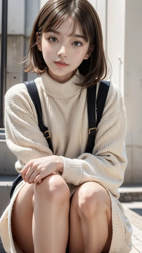 Photo taken by a professional photographer，Close-up of a woman squatting on the sidewalk with her legs crossed, kiko mizuhara, wearing a sweater, Shirahime cut brown hair, wearing a sweater, young and cute girl, japanese model, 白いwearing a sweater, Chiho, ...