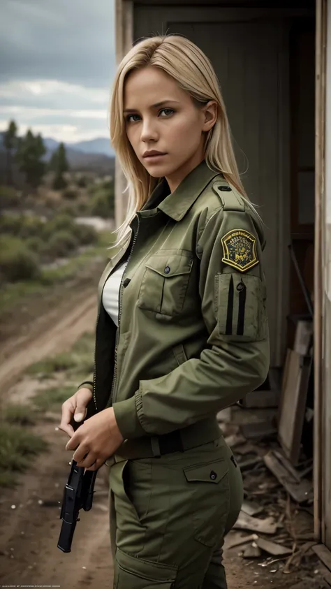 Foto hiperrealista en primer plano de 20 years old Maria Bello wear new green army uniform (jacket, top, tactical pants),  Depict a rural landscape in the rugged style of the games concept art. This work should evoke a sense of abandonment and despair in a...