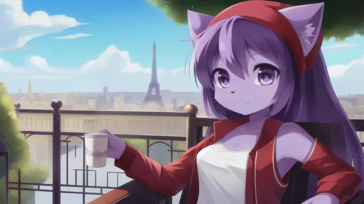 furry girl, young, cat, dark lilac hair, spiky hairstyle, long hair, anime style, medium breasts, purple eyes, ((red jacket, open clothes, lilac tank top, dark blue skirt, red hat beret)), paris, clear sky, high quality, detailed body, detailed eyes, detai...