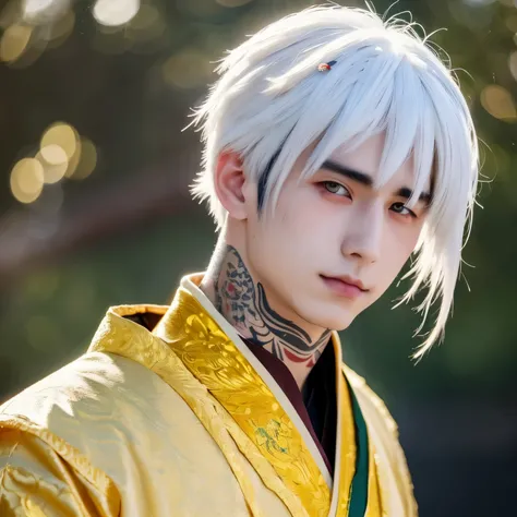 Anime boy with white hair and yellow eyes. He has a dragon neck tattoo and wears a traditional Chinese hanfu. A single tear drop rolls down his cheek