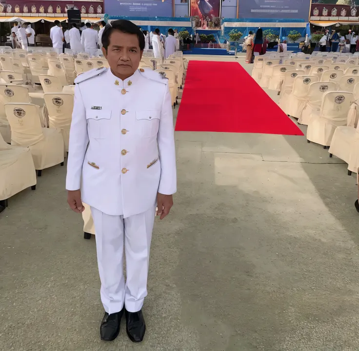 Aarav man in uniform stands in front of the red carpet.., Thawan Duchanee, The background is heavenly.., Patiphan Sotiwilaiphong, The front is a white backdrop., He is about 60 years old.., He is about 60 years old.., Picture taken on 2 0 2 0, My name is C...