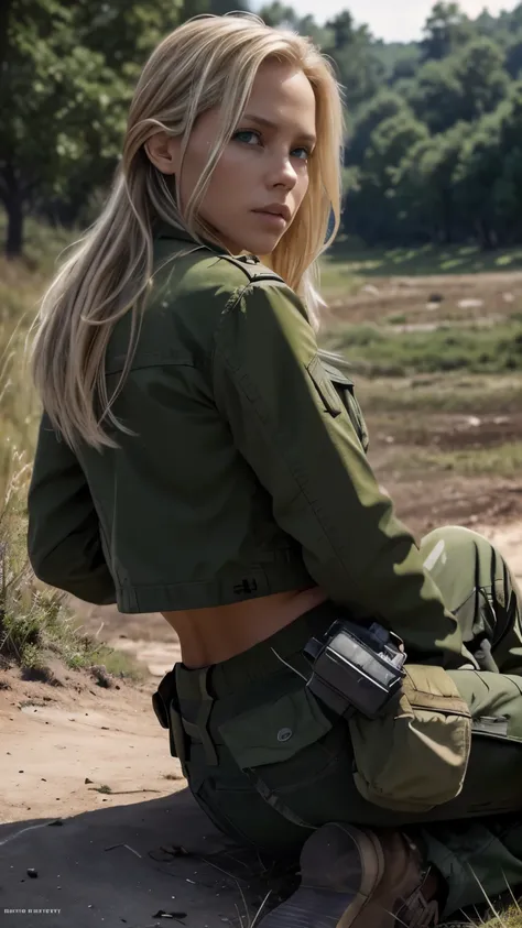 Foto hiperrealista en primer plano de 20 years old Maria Bello,, masterpiece, best quality, (photorealistic:1.4), full body, green army jacket, green uniform blouse, green tactical pants,  Depict a rural landscape in the rugged style of the games concept a...