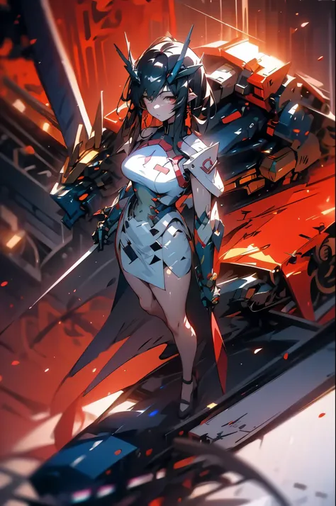 girl，black hair，，dragons，gundam，full-body shot，poster，epic，，sense of the future，sci-fi style