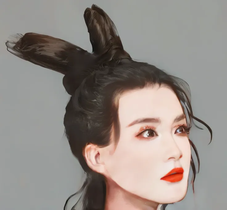 one has a bun、woman with red lipstick, chinese style，black hair，pretty face，red lips，eye makeup，digital illustration portrait, d...