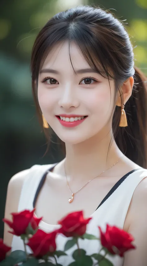 Garden covered with red roses on the background, black hair, front ponytail, eye reflex, red contact lenses, black eyes,Heterochromia，She is a beautiful Chinese girl, Exquisite facial features, Its a perfect face, wear earrings, Sapphire pendant，evil smile...